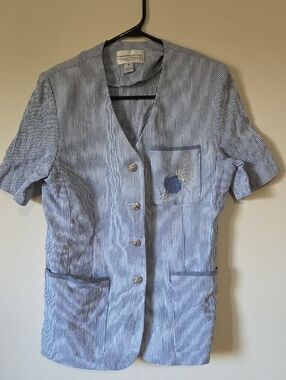 Vintage Blue Pinstripe Short-Sleeve Shirt Jacket With Shoulder Pads